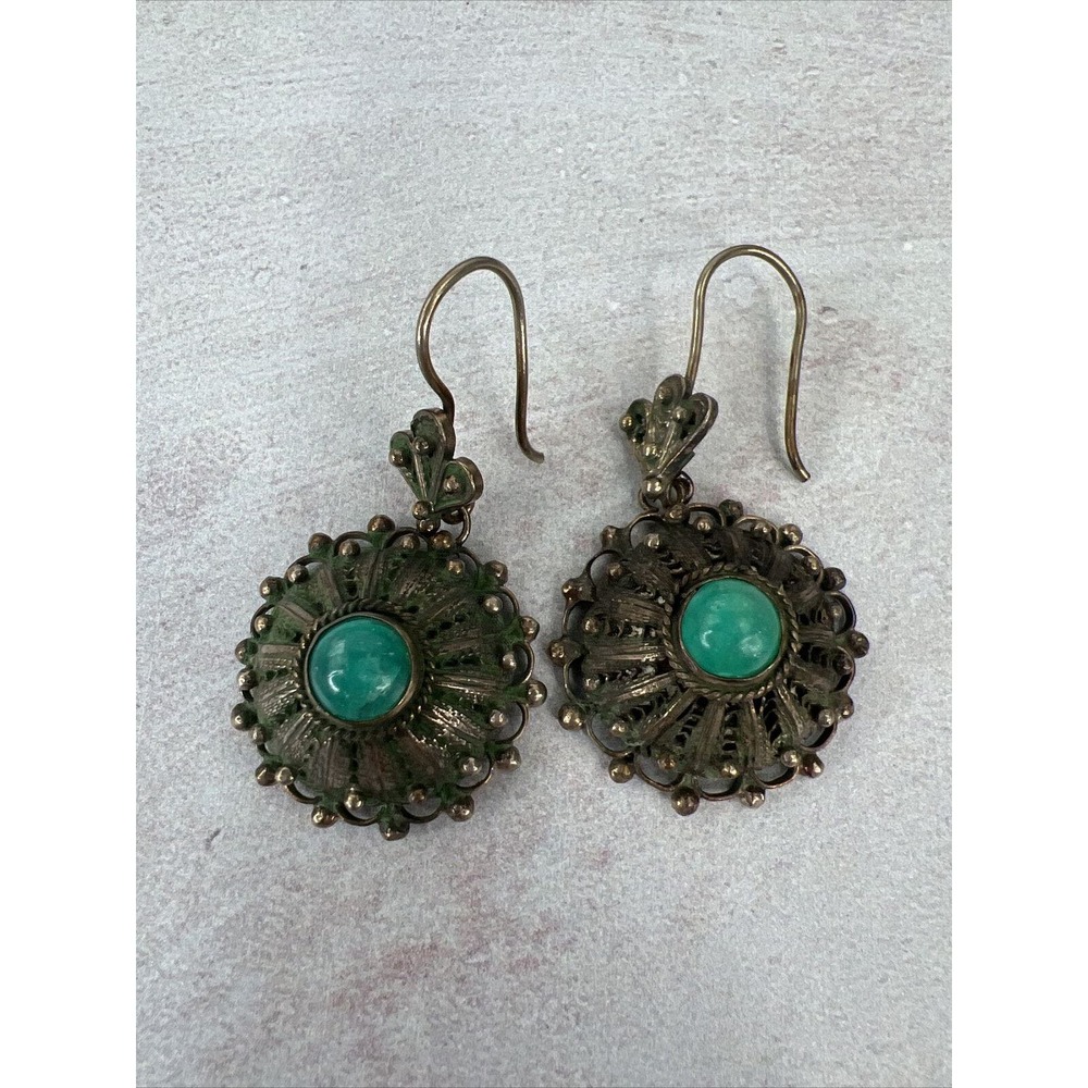 Antique Bronze Earrings Green Glass Dangle Patina Bold Beautiful Classicβ